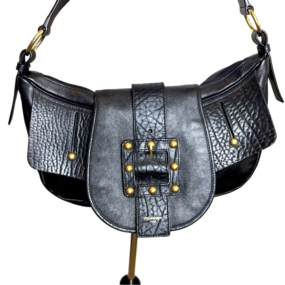 Yves Saint Laurent Black Leather Large Hobo Shoulder Bag